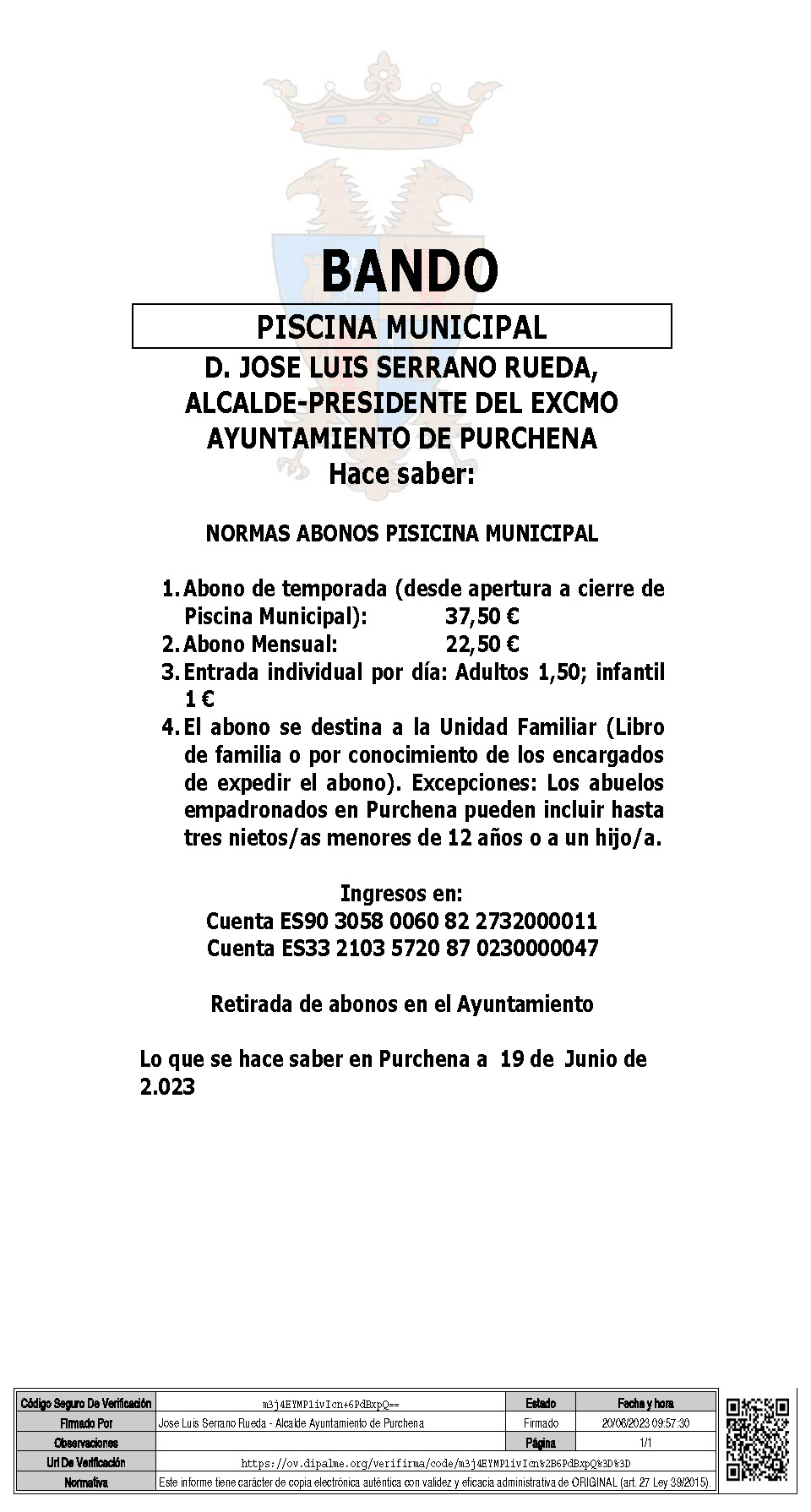 Bando municipal apertura piscina 2023