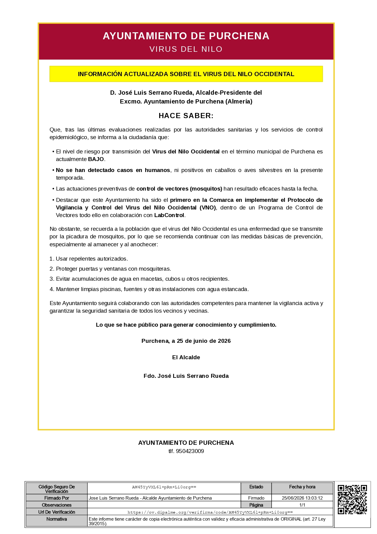 Bando municipal virus del NIlo